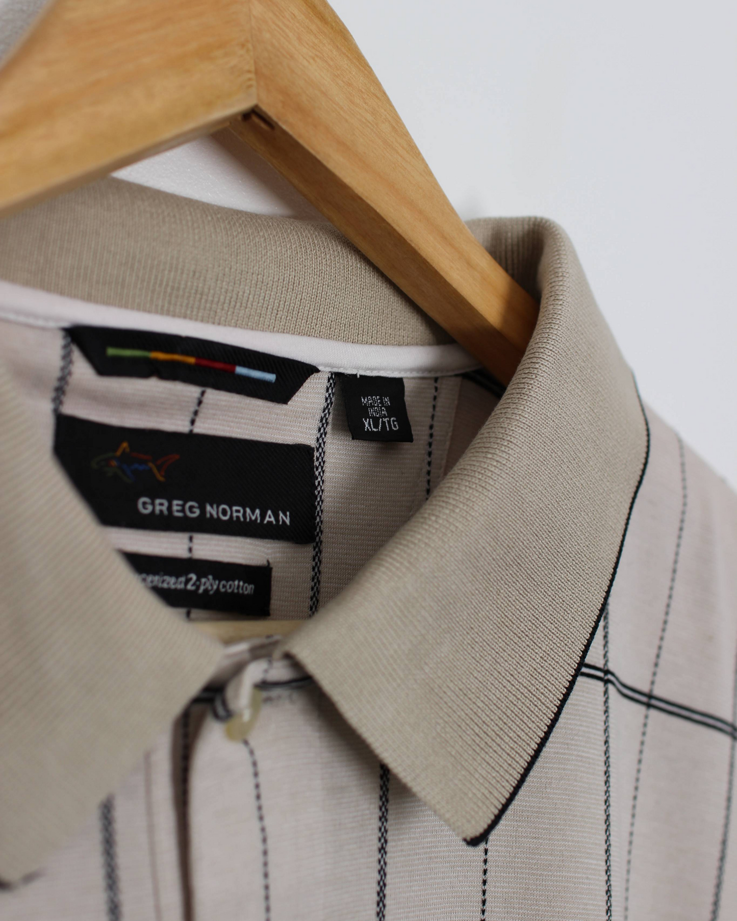 00s Greg Norman Beige Grid-Pattern Polo-Shirt (XL)