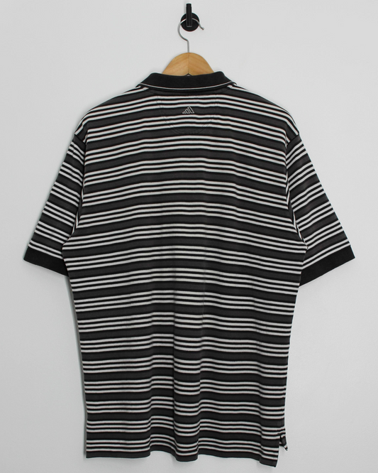 00s Adidas Grey/Black/White Striped Polo-Shirt (XL)