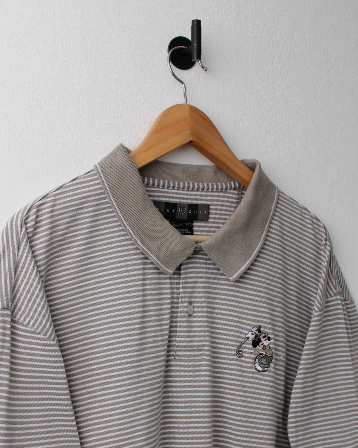 00s Nike Mickey Mouse Olive Green & White Striped Polo (XL)
