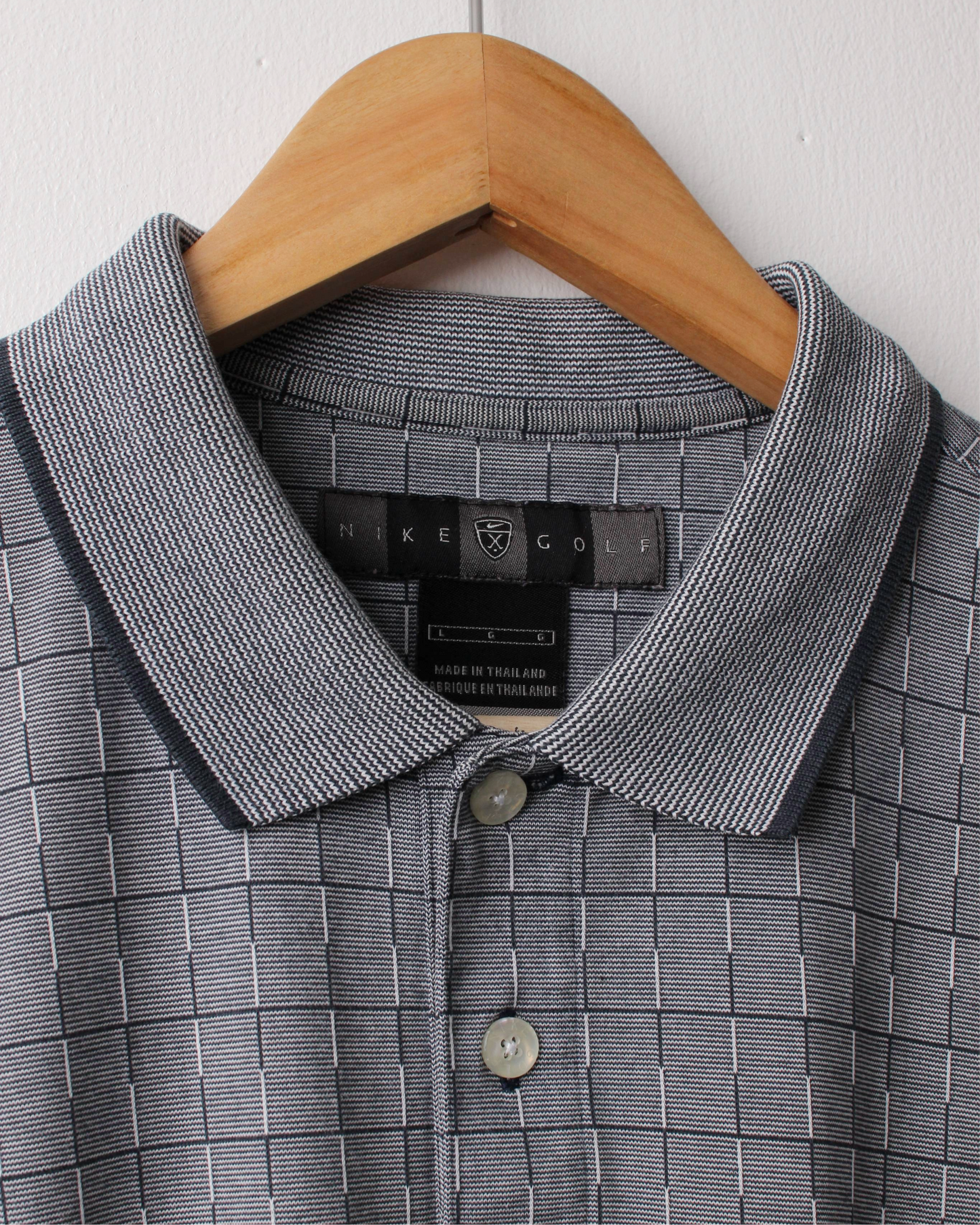 00s Nike Shield Logo Grey Chequered Polo (L)