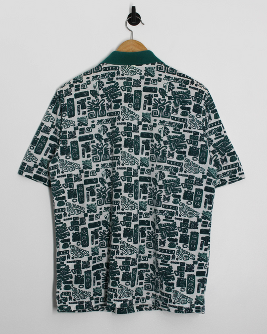 90s Premier Man Abstract Aztec White/Green Polo-Shirt (S)
