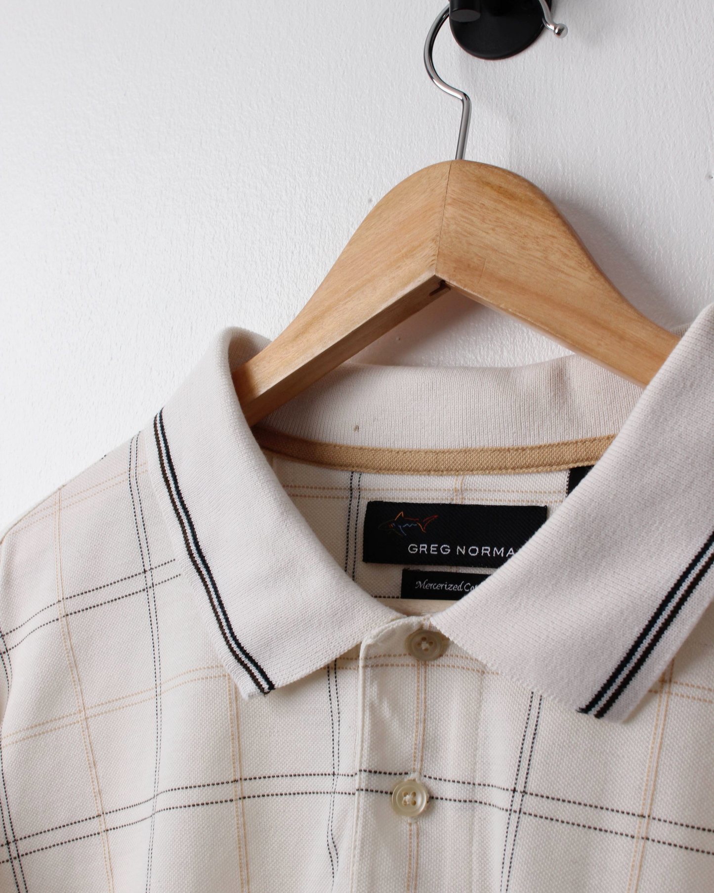 00s Greg Norman Cream Plaid Long Sleeve Polo (XL)