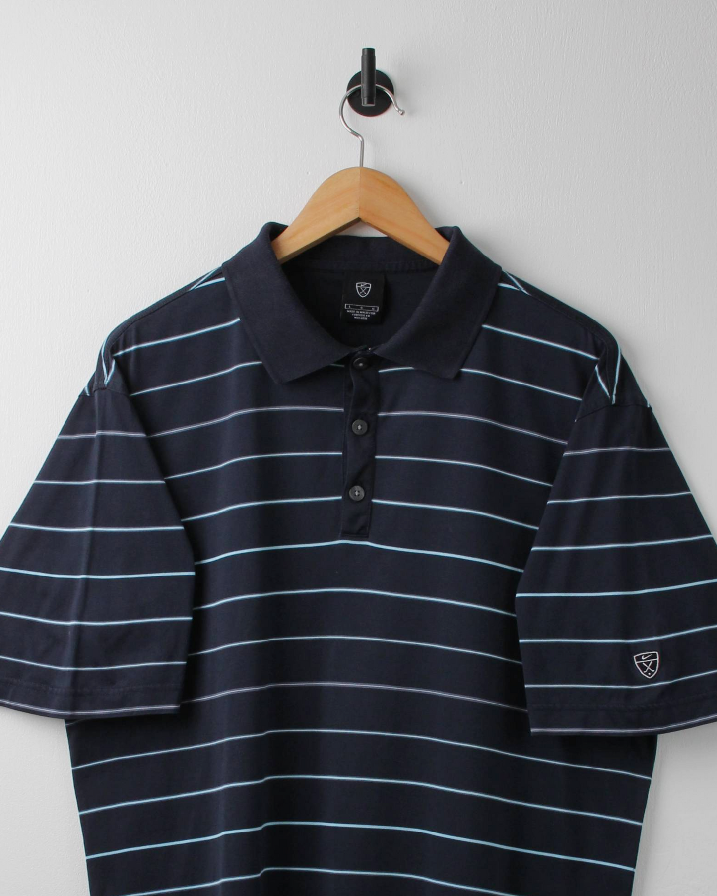 00s Nike Shield Logo Navy & Blue Striped Polo (L)