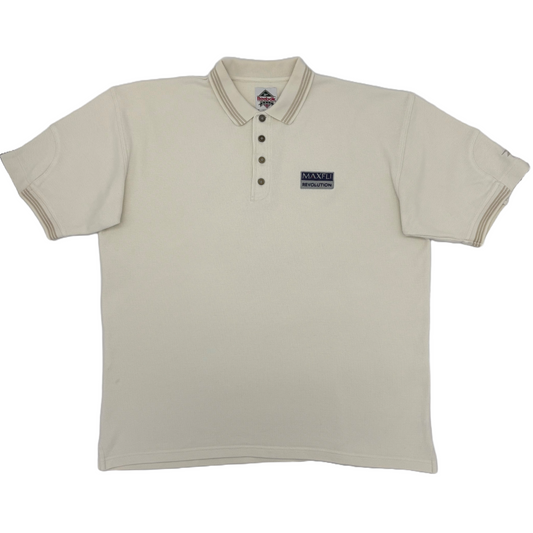 Beige Reebok x Maxfli polo shirt with a brand logo on a white background
