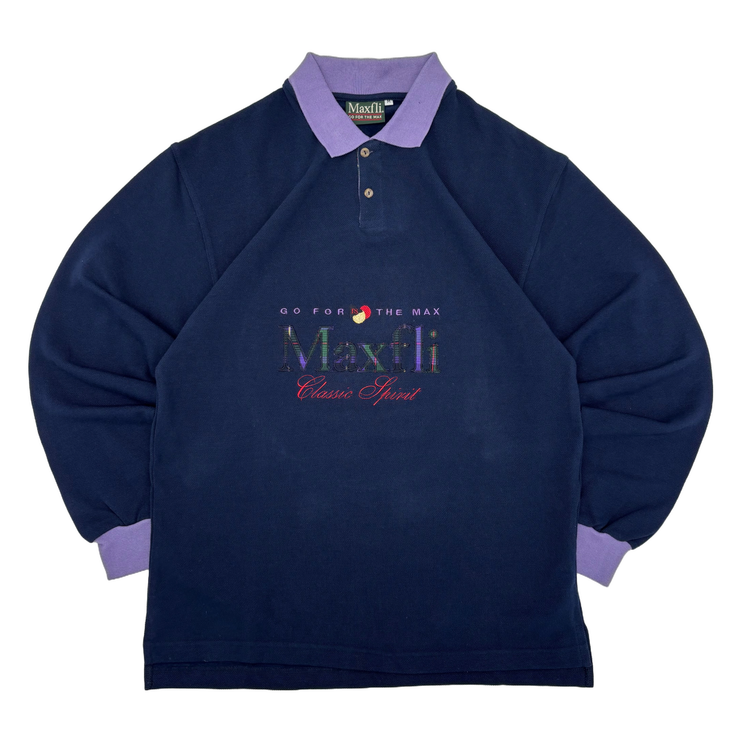 Navy blue long sleeve polo shirt with purple collar and cuffs featuring Maxfli branding on a white background