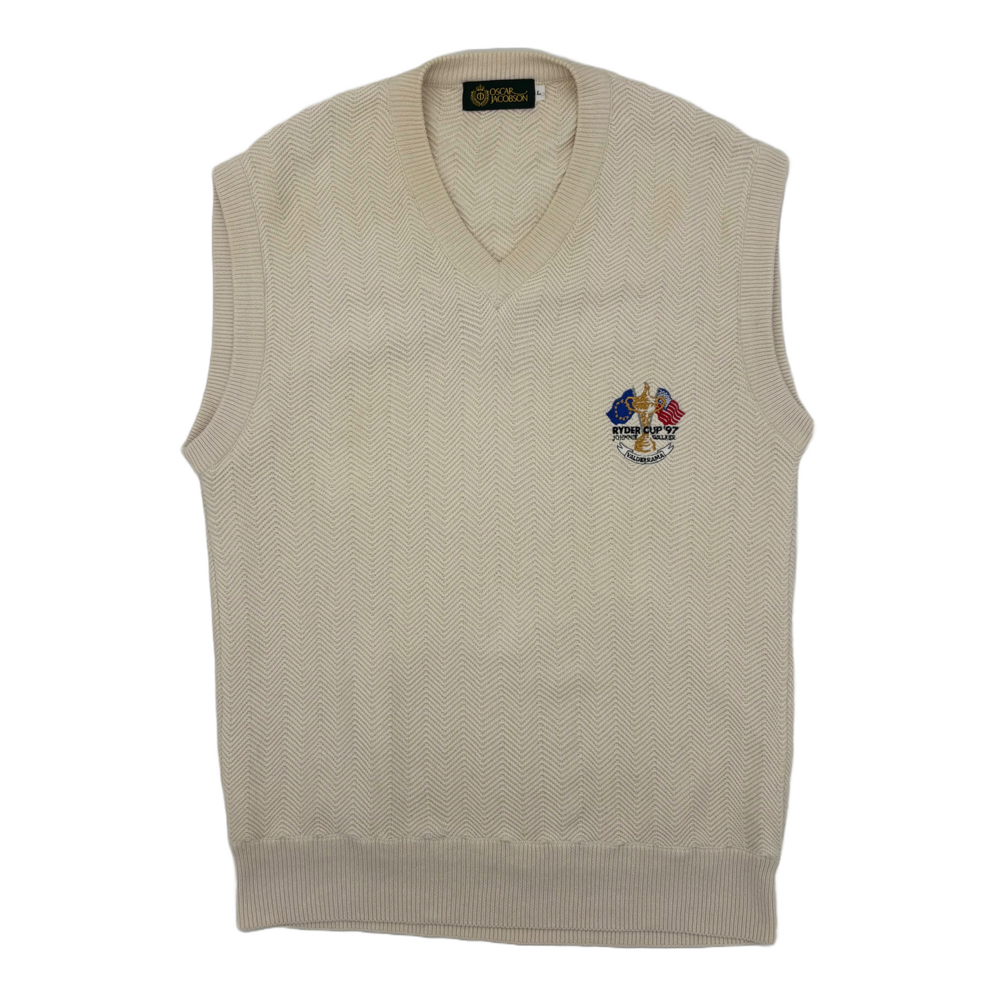 Beige 1997 Ryder Cup Oscar Jacobson sweater vest with a logo on a white background