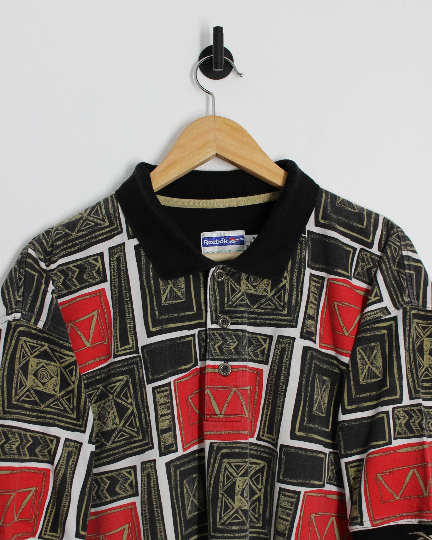 90s Reebok Abstract Red/Black Polo-Shirt (L)