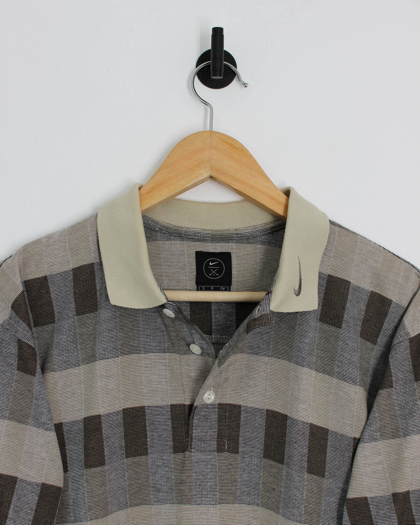 90s Nike Abstract Chequered Beige/Brown Polo-Shirt (S)