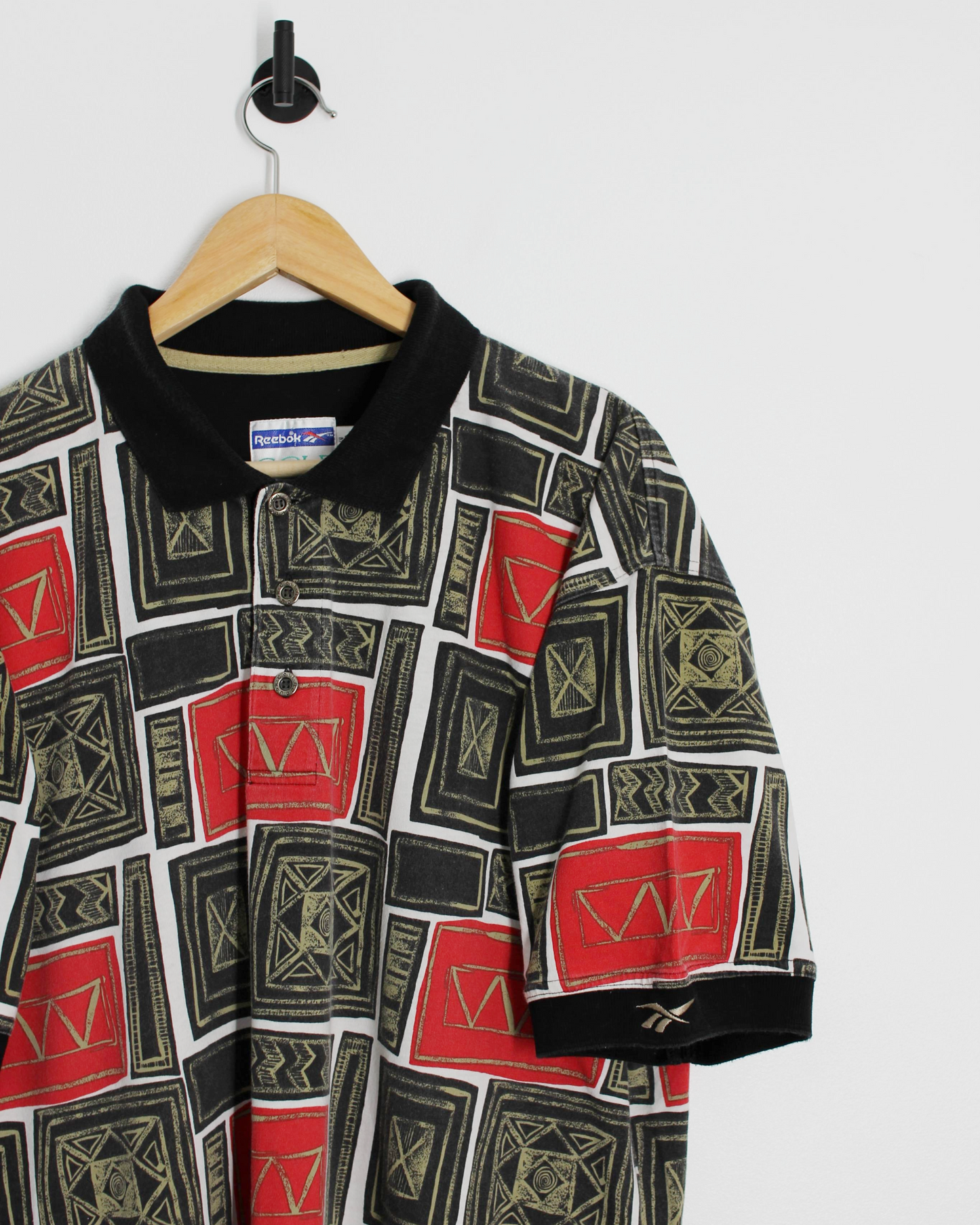 90s Reebok Abstract Red/Black Polo-Shirt (L)