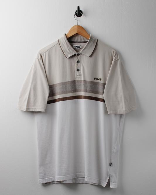 00s Ping ‘Mr Ping Logo Beige & White Polo (M)