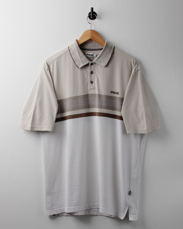 00s Ping ‘Mr Ping Logo Beige & White Polo (M)