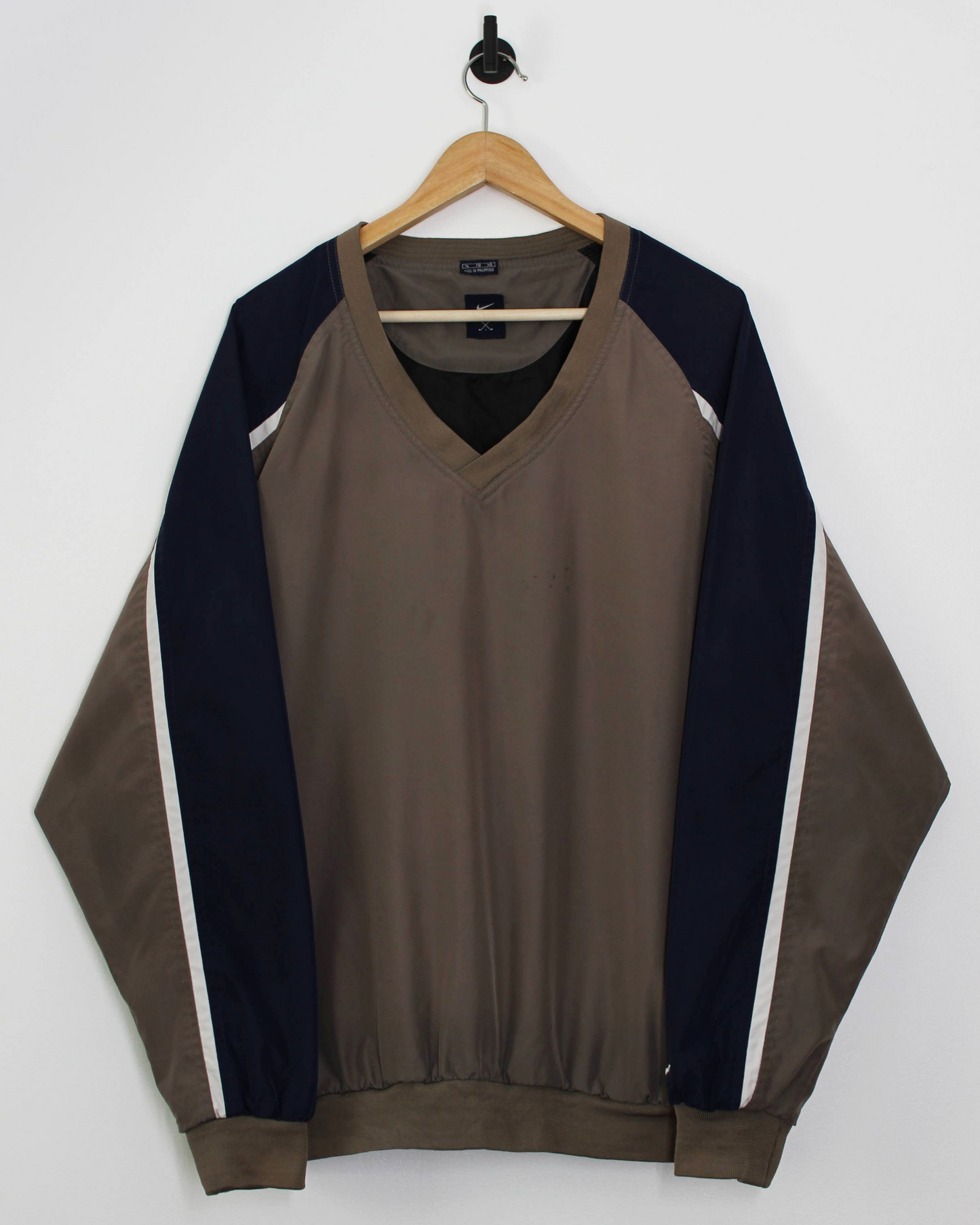 90s Nike Khaki/Navy V-Neck Windbreaker (XL)