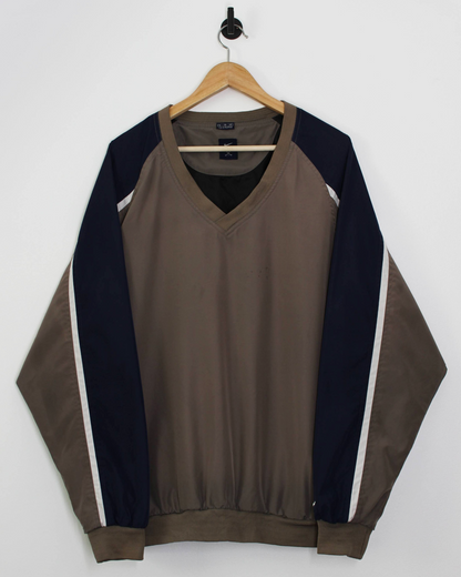 90s Nike Khaki/Navy V-Neck Windbreaker (XL)
