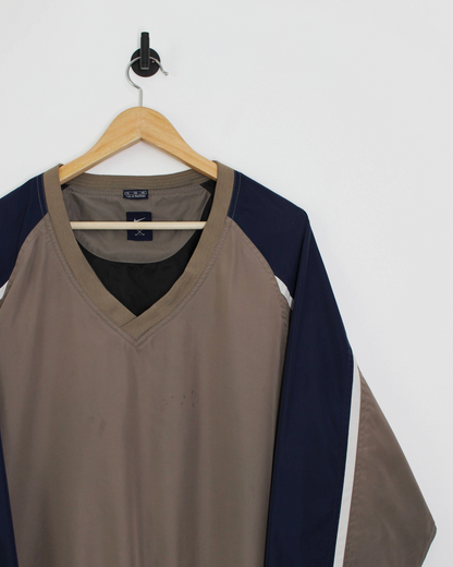 90s Nike Khaki/Navy V-Neck Windbreaker (XL)