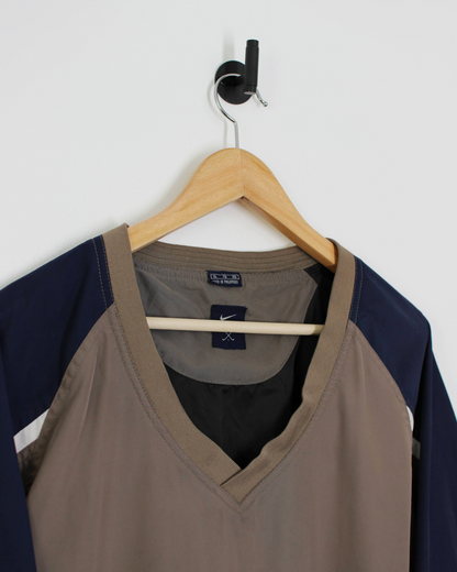 90s Nike Khaki/Navy V-Neck Windbreaker (XL)