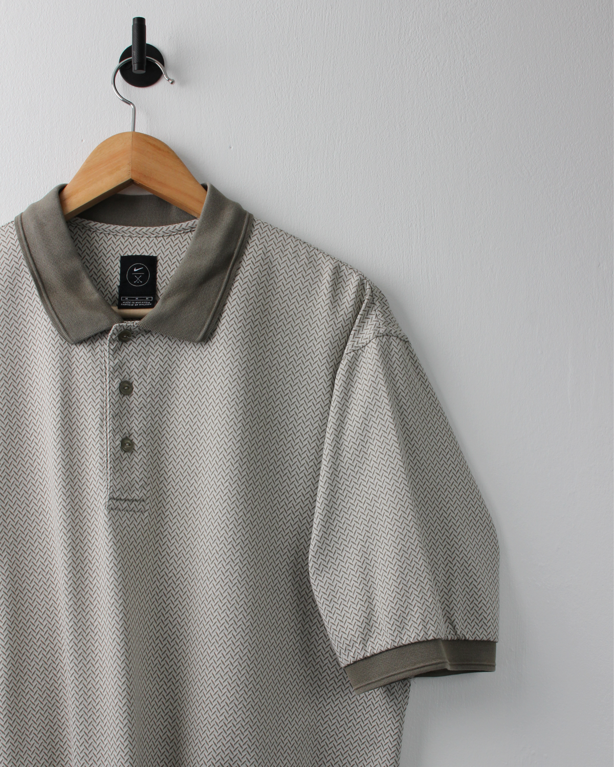 90s Nike Khaki & Grey Herringbone Pattern Polo (M)