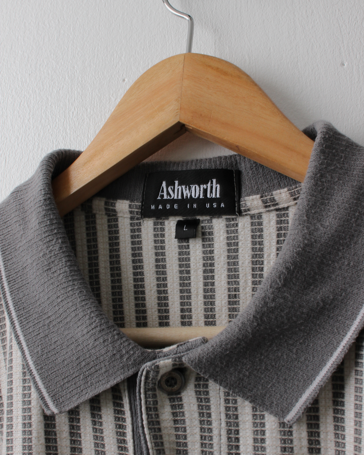 90s Ashworth Grey & Cream Striped Polo (L)