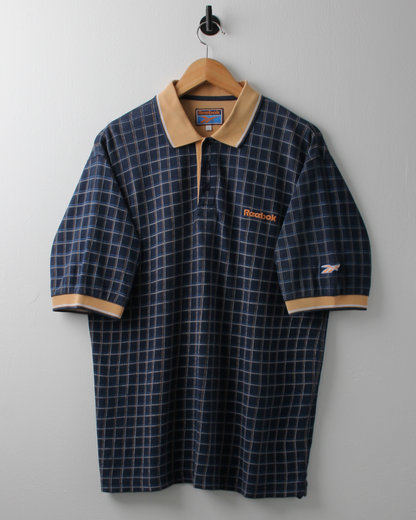 90s Reebok Navy & Yellow Chequered Polo (L)