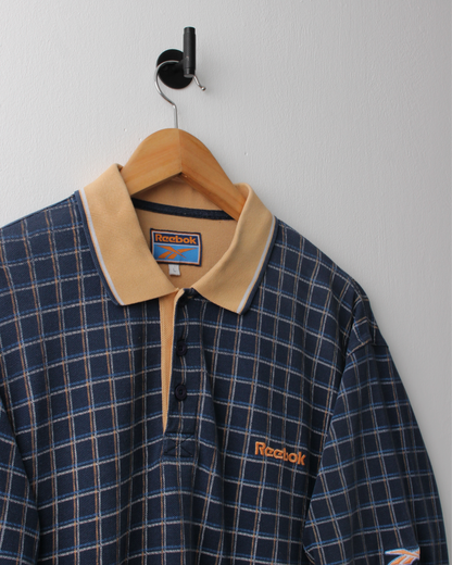 90s Reebok Navy & Yellow Chequered Polo (L)