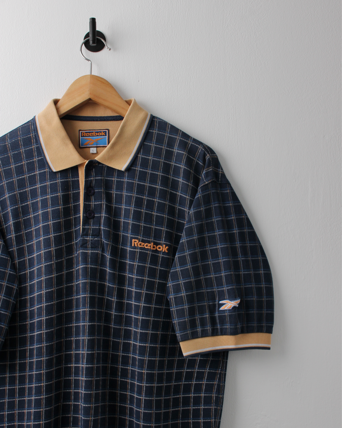 90s Reebok Navy & Yellow Chequered Polo (L)