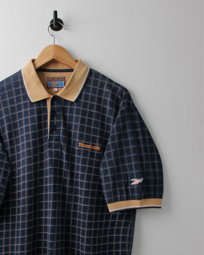 90s Reebok Navy & Yellow Chequered Polo (L)