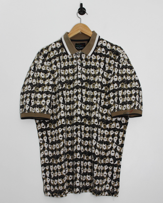 90s Greg Norman Gold/Black/White Abstract Polo-Shirt (M)