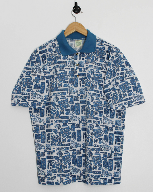 90s Premier Man Abstract Aztec Blue/Red Polo-Shirt (S)