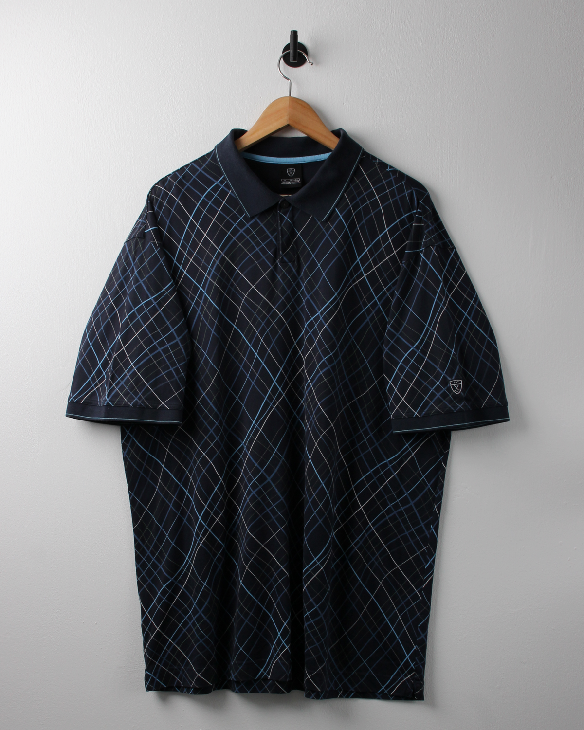 00s Nike Shield Logo Navy & Blue Patterned Polo (XL)