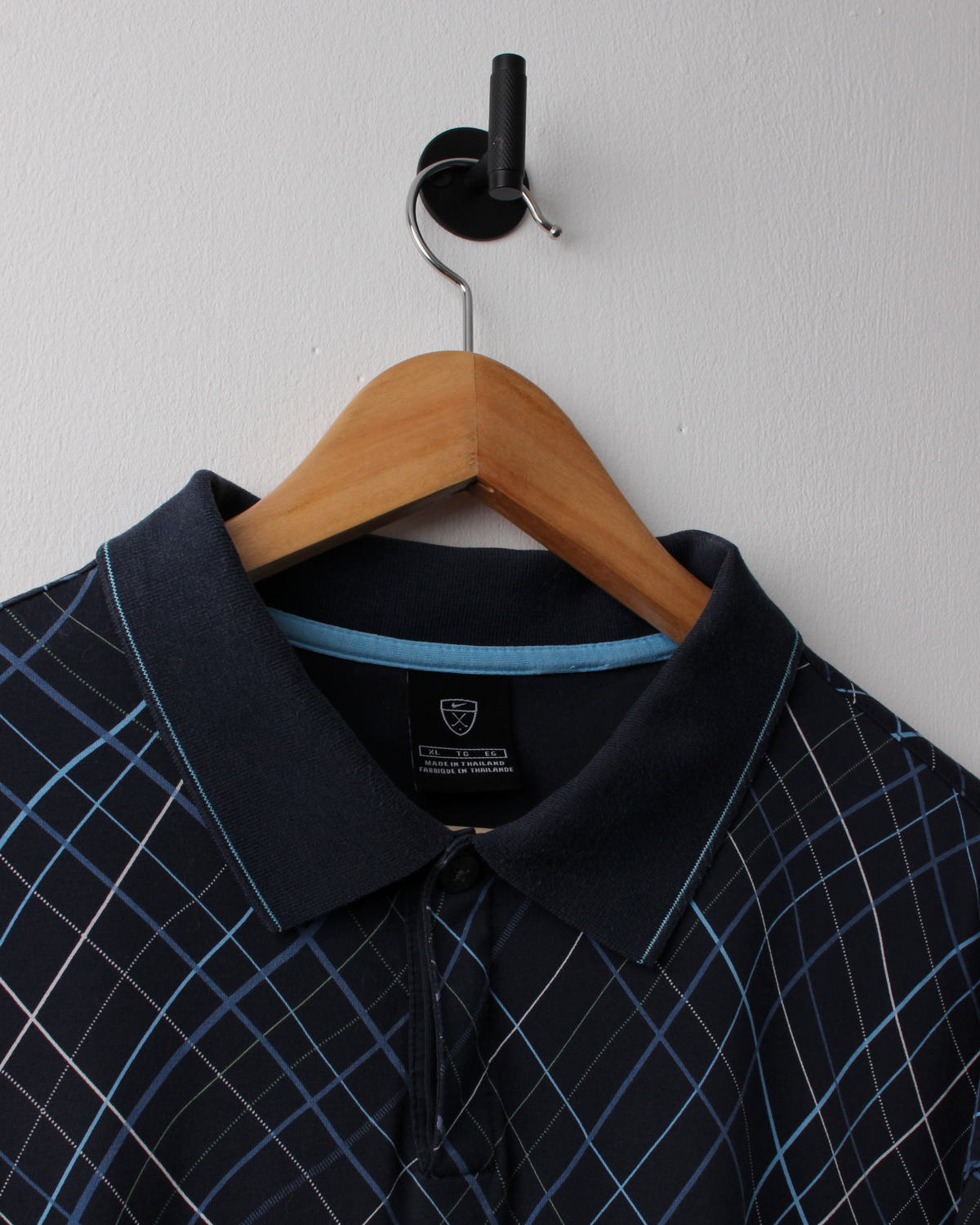 00s Nike Shield Logo Navy & Blue Patterned Polo (XL)