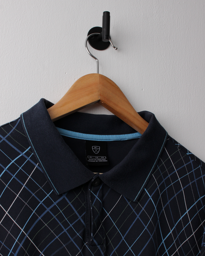 00s Nike Shield Logo Navy & Blue Patterned Polo (XL)