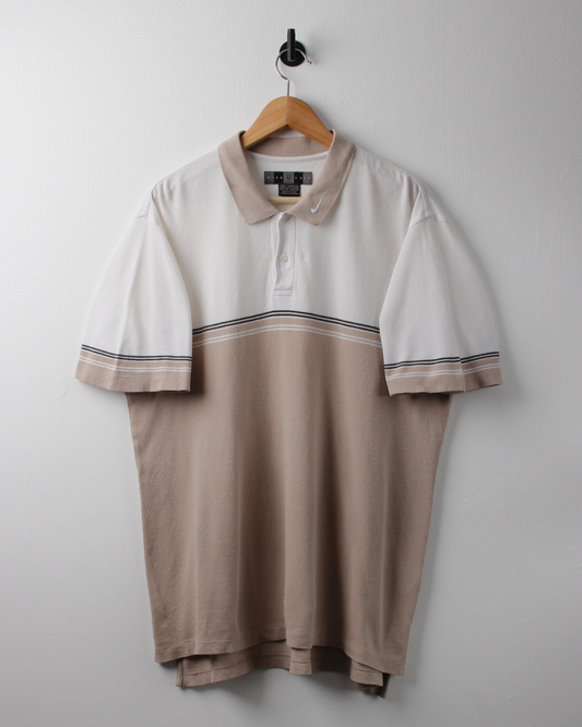00s Nike Beige & White Collar Swoosh Textured Polo (L)