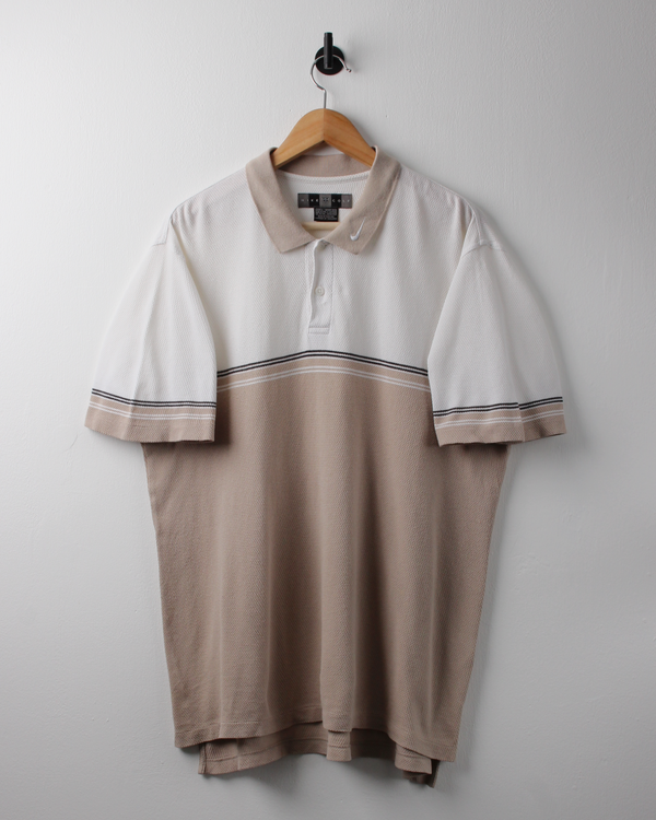 00s Nike Beige & White Collar Swoosh Textured Polo (L)