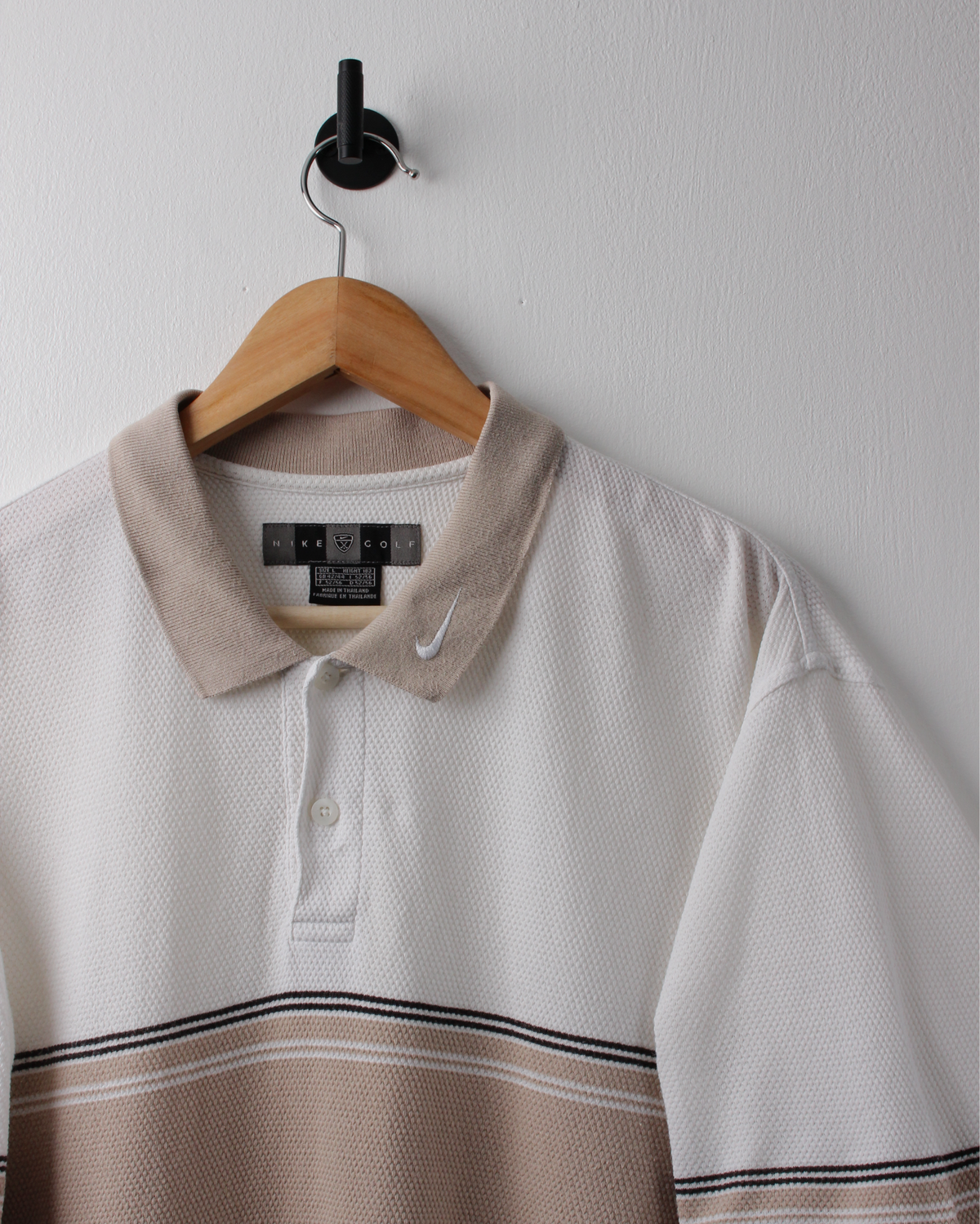 00s Nike Beige & White Collar Swoosh Textured Polo (L)