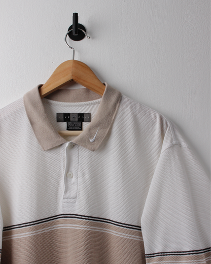 00s Nike Beige & White Collar Swoosh Textured Polo (L)