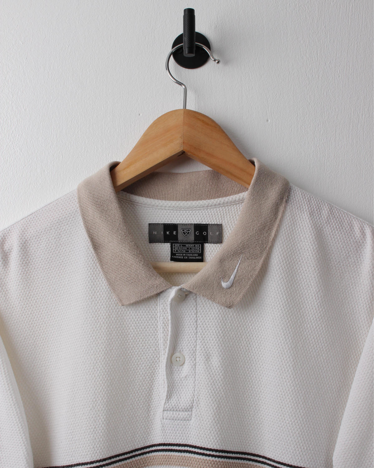 00s Nike Beige & White Collar Swoosh Textured Polo (L)
