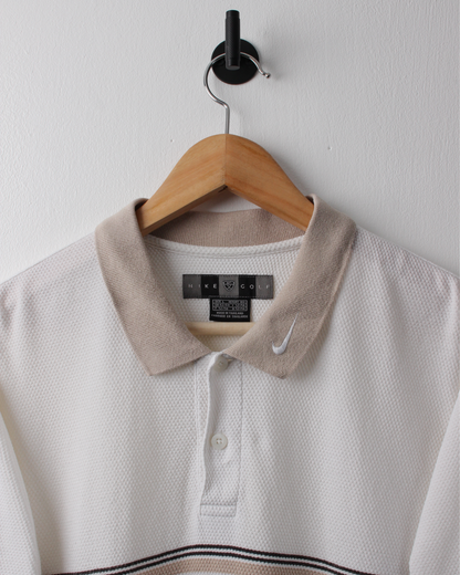 00s Nike Beige & White Collar Swoosh Textured Polo (L)
