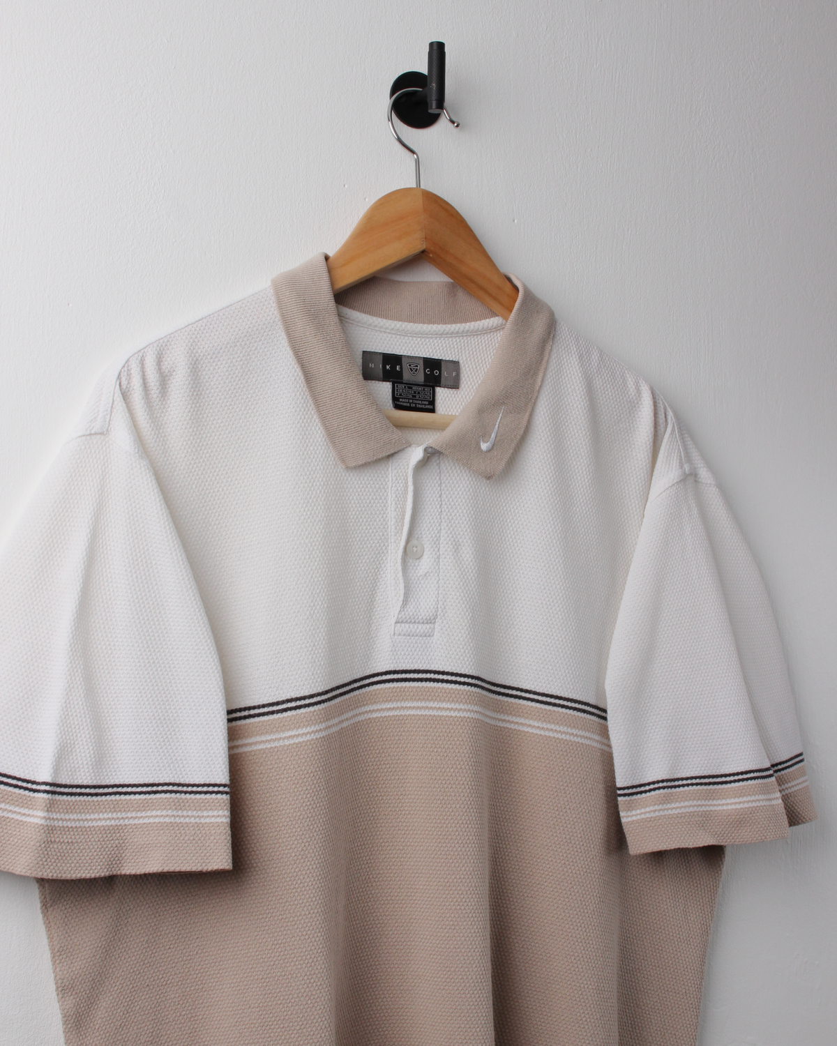 00s Nike Beige & White Collar Swoosh Textured Polo (L)