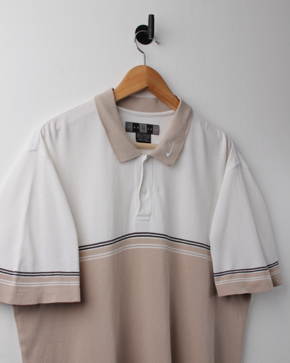 00s Nike Beige & White Collar Swoosh Textured Polo (L)
