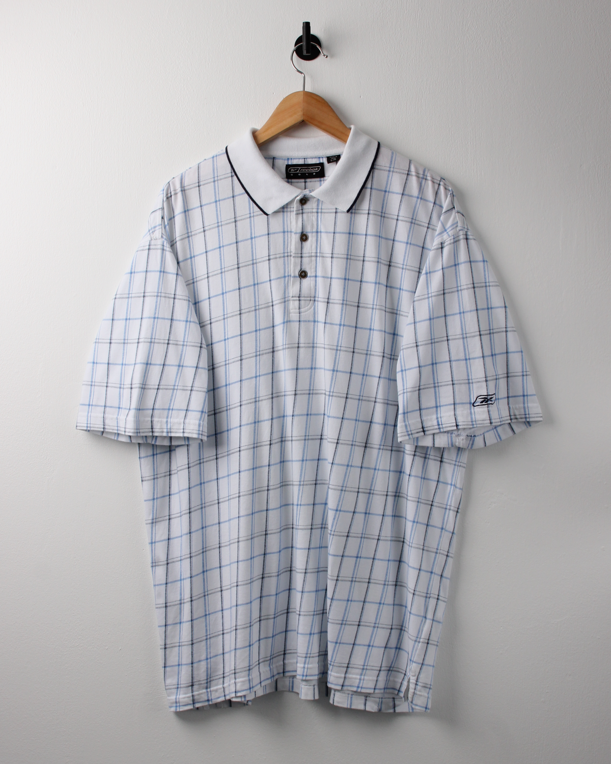 00s Reebok White & Blue Chequered Polo (XL)
