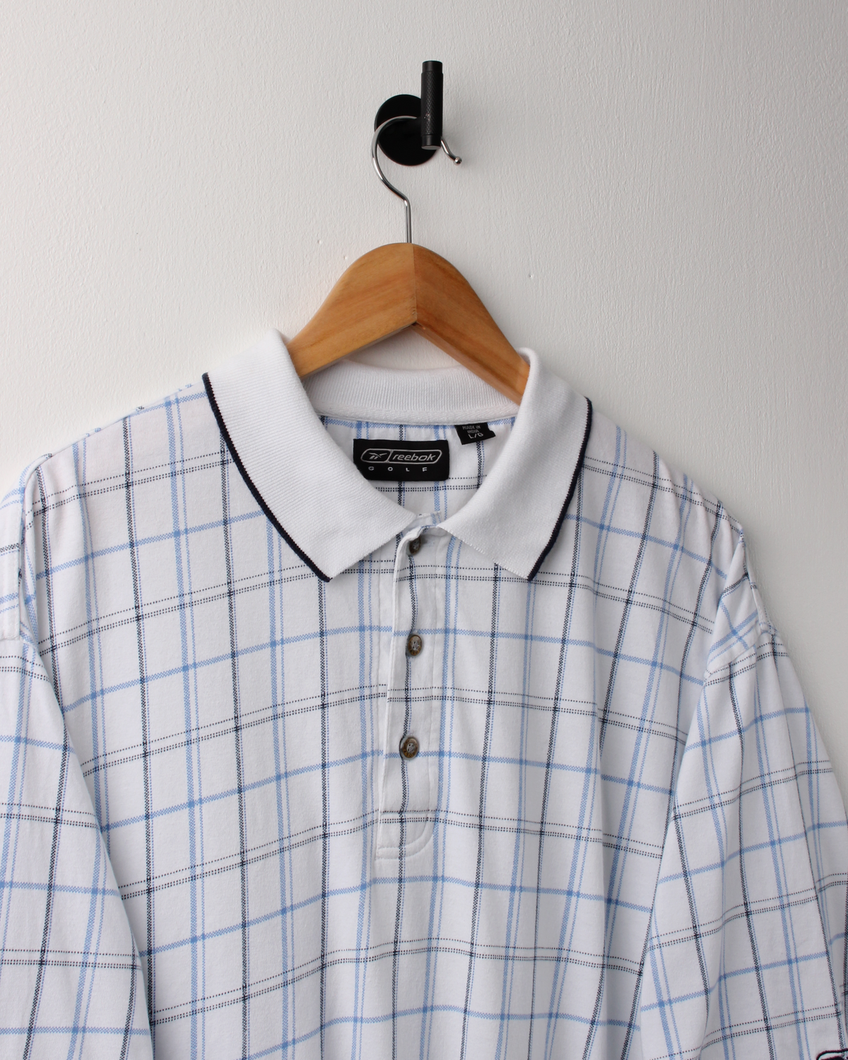 00s Reebok White & Blue Chequered Polo (XL)