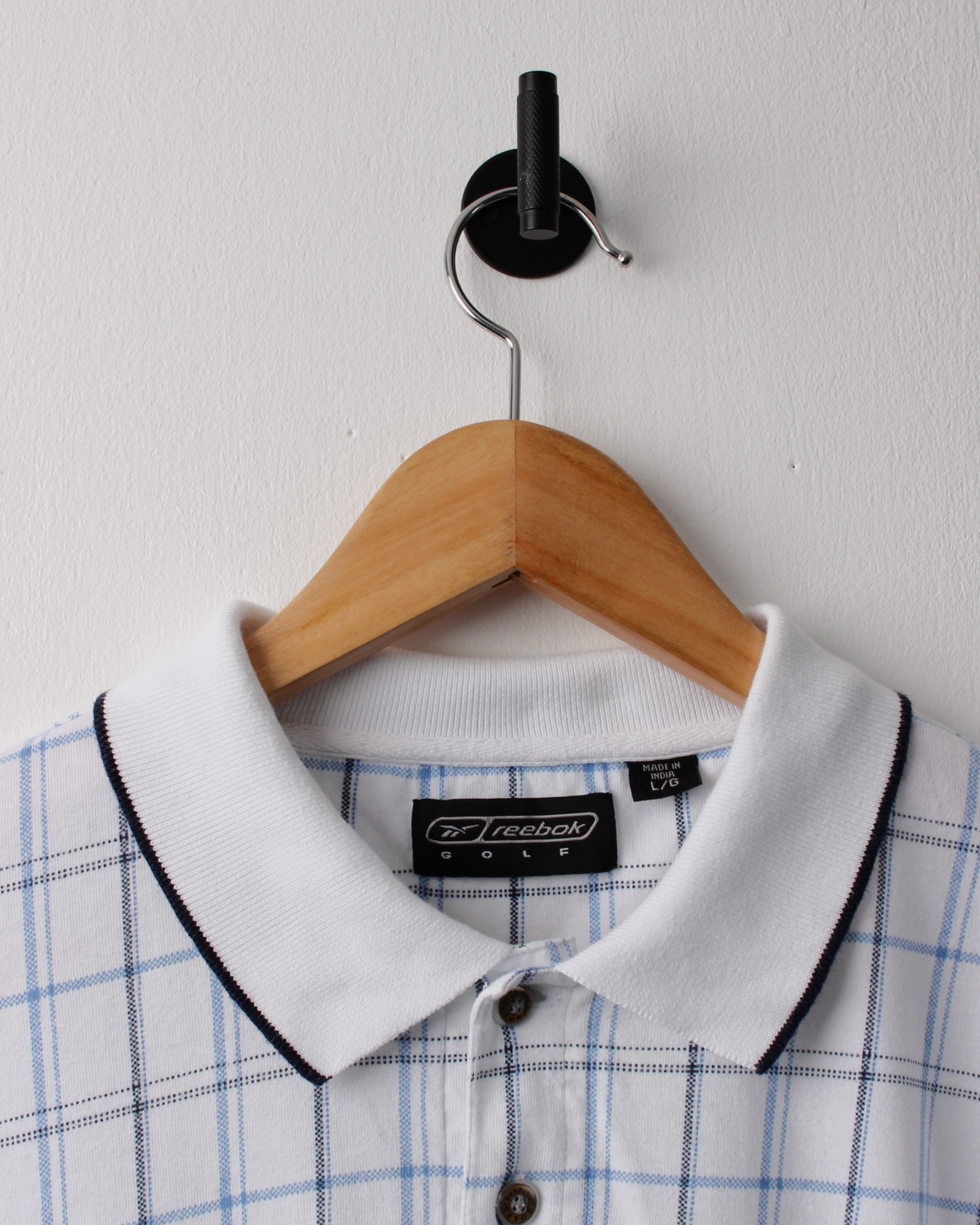 00s Reebok White & Blue Chequered Polo (XL)