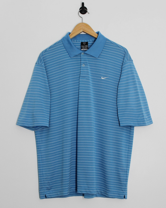 00s Nike Light Blue/White Striped Polo-Shirt (L)