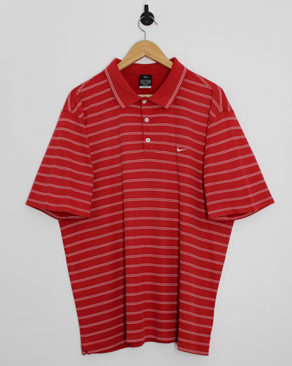 00s Nike Red/White Striped Polo-Shirt (L)
