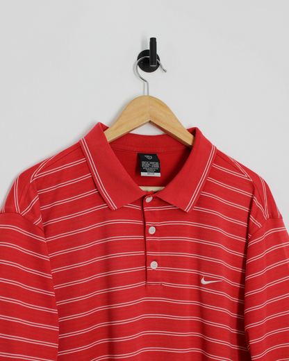 00s Nike Red/White Striped Polo-Shirt (L)