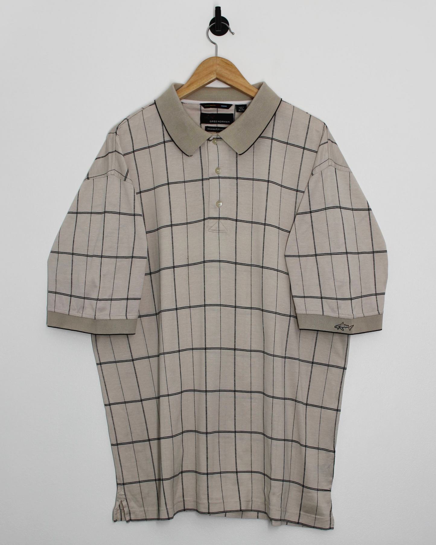 00s Greg Norman Beige Grid-Pattern Polo-Shirt (XL)