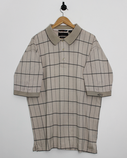 00s Greg Norman Beige Grid-Pattern Polo-Shirt (XL)