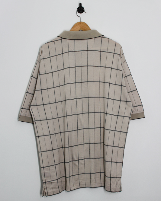 00s Greg Norman Beige Grid-Pattern Polo-Shirt (XL)