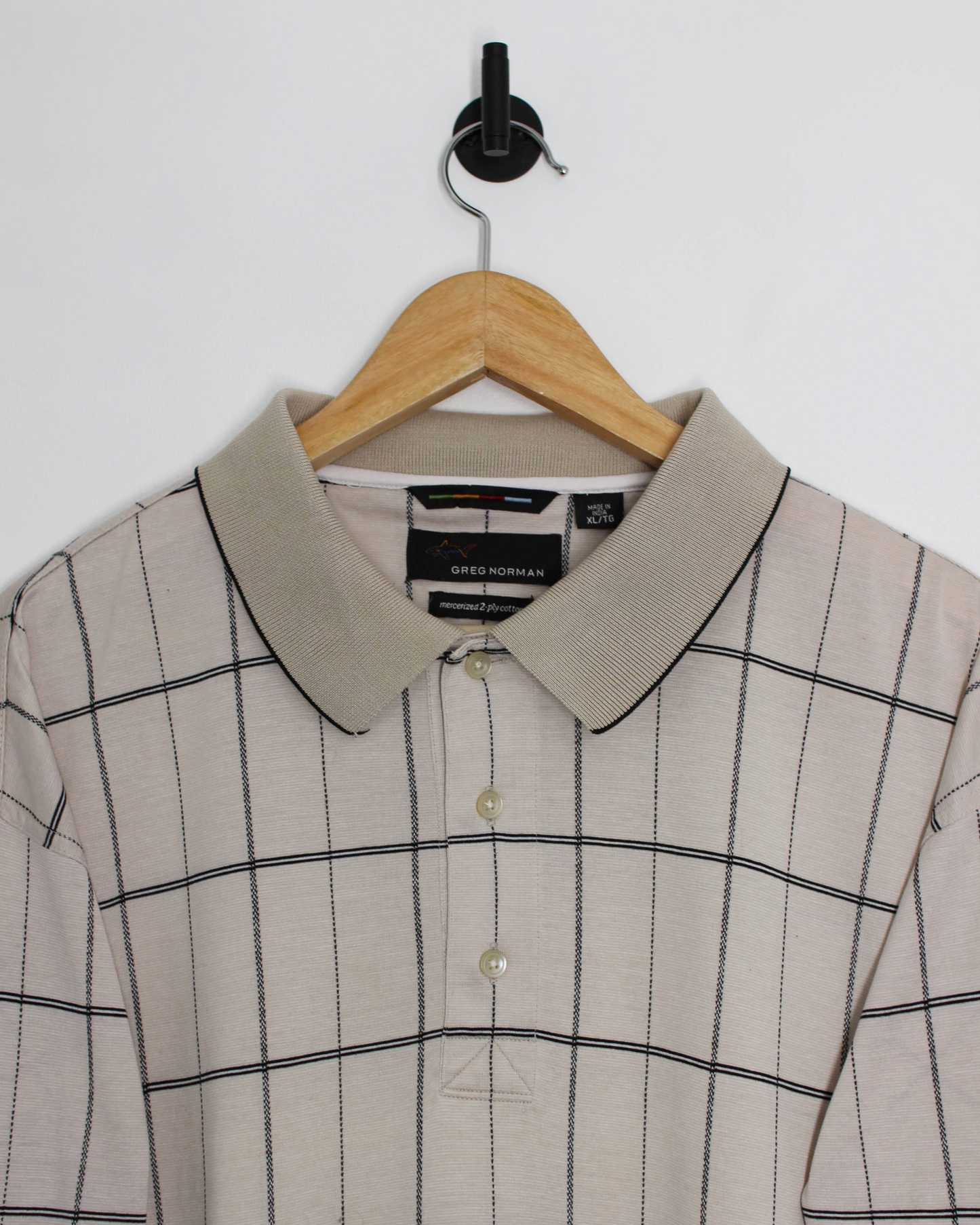 00s Greg Norman Beige Grid-Pattern Polo-Shirt (XL)