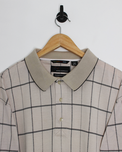 00s Greg Norman Beige Grid-Pattern Polo-Shirt (XL)
