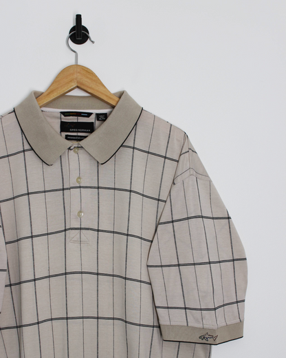 00s Greg Norman Beige Grid-Pattern Polo-Shirt (XL)